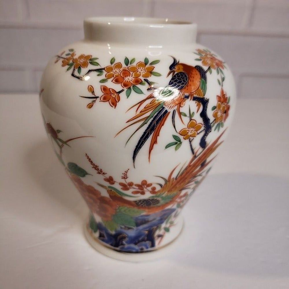 VNTG Decorative White Porcelain Vase with Orange Floral & Bird Motif